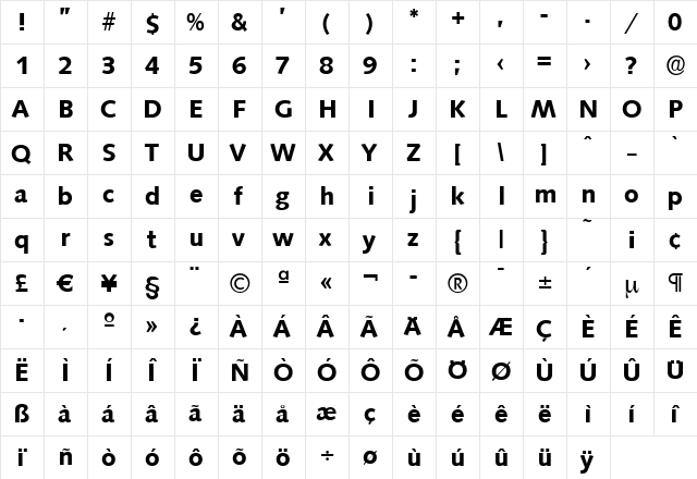 RogerBecker Bold  glyph index