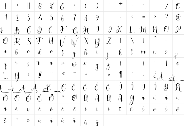 Angelica Regular  glyph index