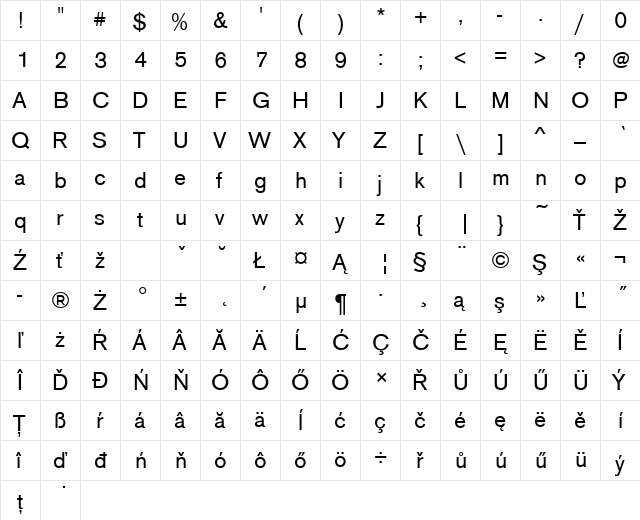 AcciusTEE Regular  glyph index