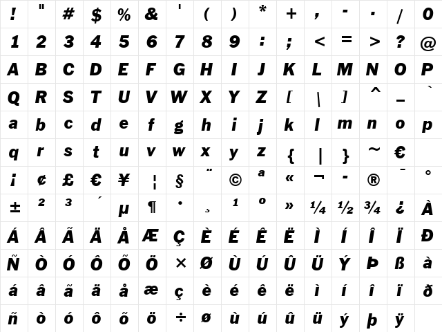 FrankGoth BT Italic  glyph index