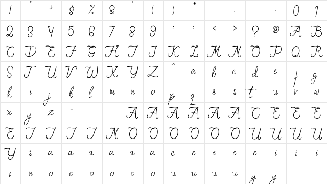 Fiona Lattina Regular  glyph index