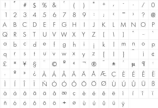 Limerick-Xlight Regular  glyph index