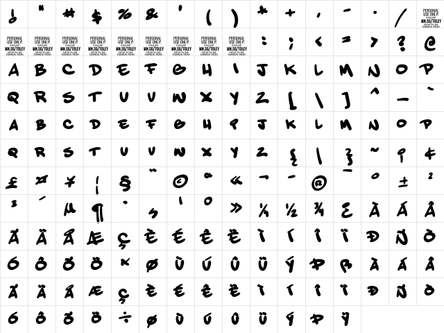 Toley Hand PERSONAL USE ONLY Regular  glyph index
