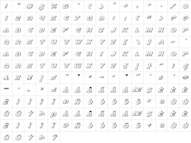 Airstrike 3D Regular  glyph index