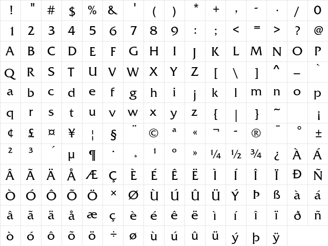 Friz Quadrata Std Regular  glyph index