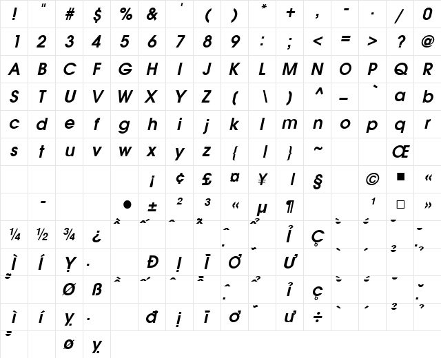 VNI-Avo Bold-Italic  glyph index