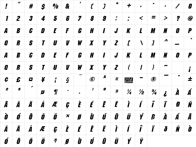 Monotone Italic  glyph index