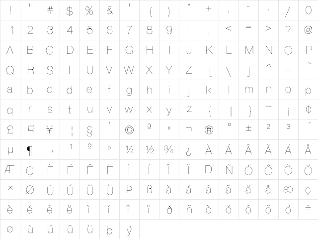 Helvetica-Thin Regular  glyph index