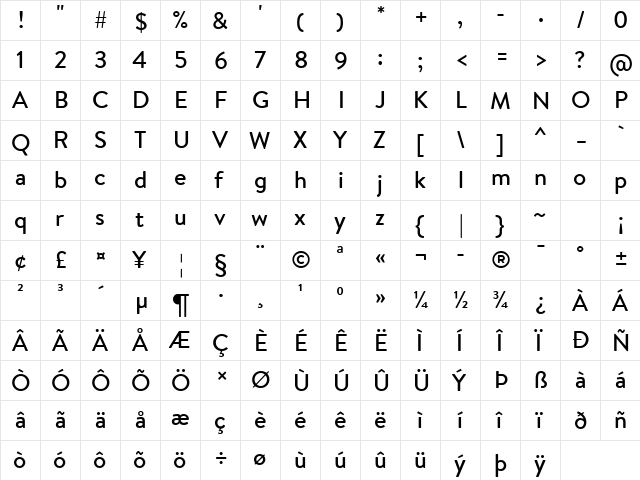 Brandon Text Medium Regular  glyph index