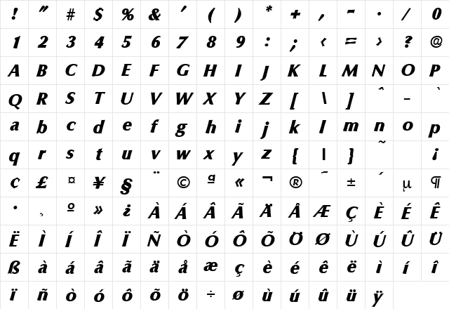 Columbia-Serial-Heavy RegularItalic  glyph index