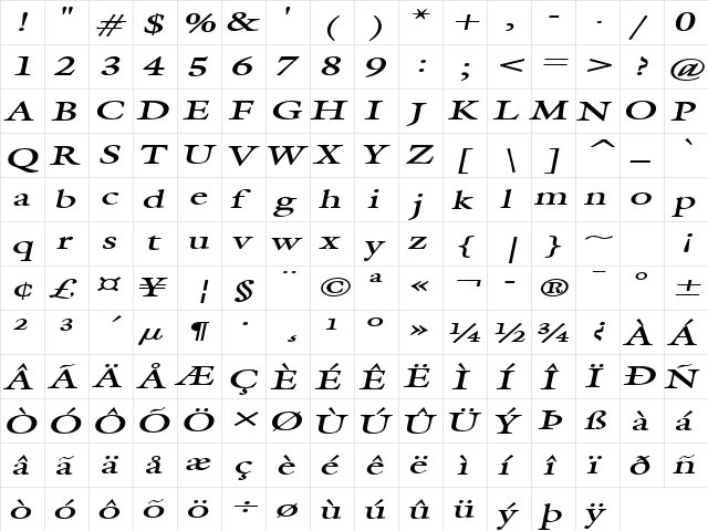 Galant Extended BoldItalic  glyph index