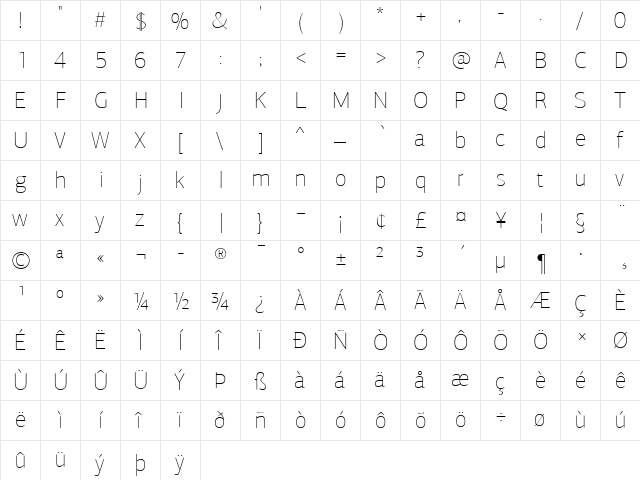 PF Agora Sans Pro XThin  glyph index