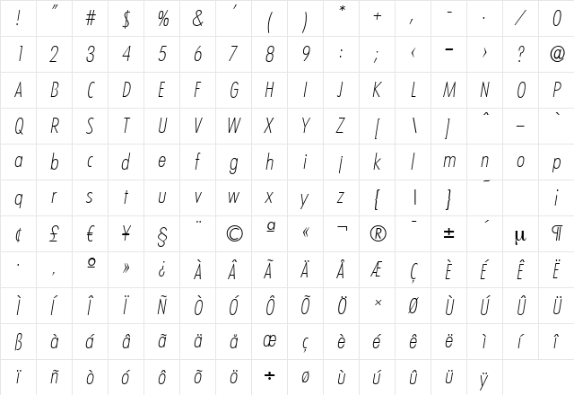 LimerickCdSerial-Xlight Italic  glyph index