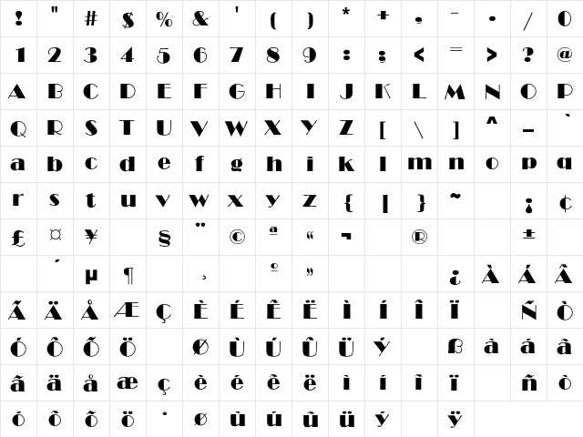 Tiedeman Regular  glyph index