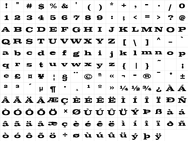 ClarendonTBolExp Regular  glyph index