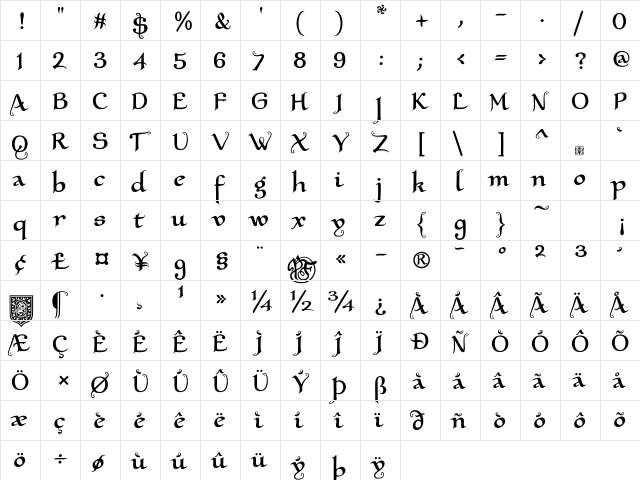 XalTerion Regular  glyph index