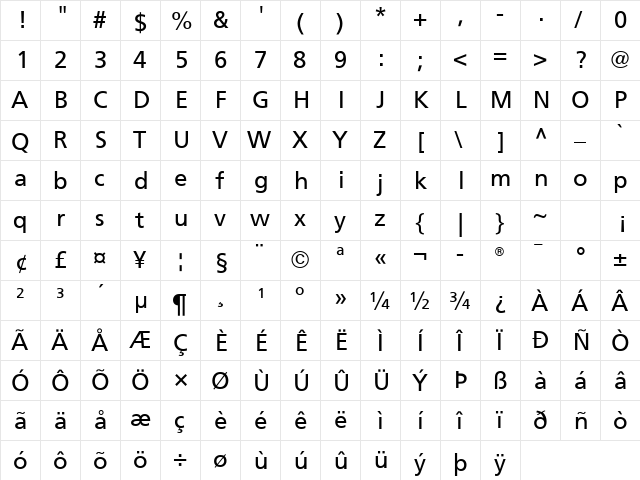 Frutiger Roman  glyph index