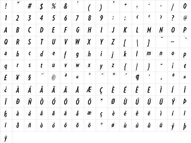Verlag Compressed Bold Italic  glyph index