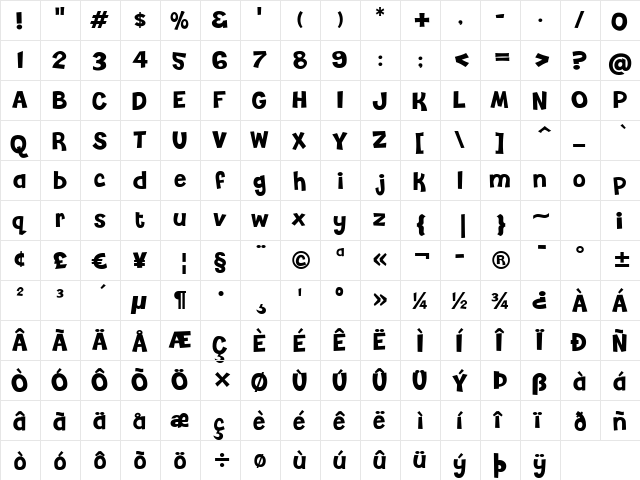 GrilledCheese BTN Regular  glyph index