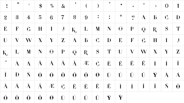 Presidente serif Regular  glyph index