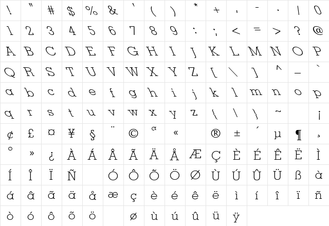 Memphis-Light Extreme Lefti Regular  glyph index