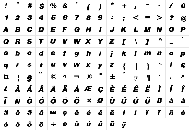 Helvetica BQ Regular  glyph index