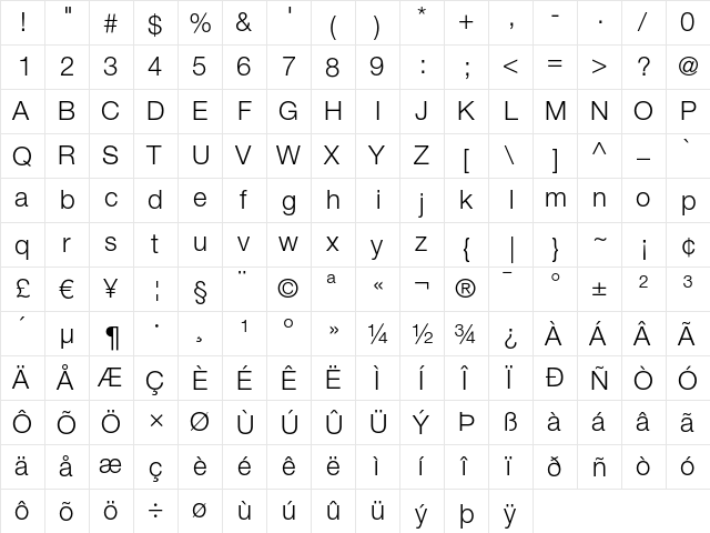 Helvetica Neue LT Regular  glyph index