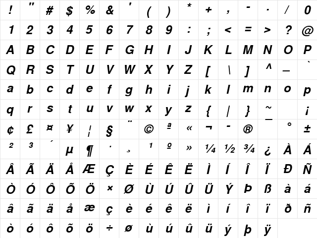 NimbusSanL Bold Italic  glyph index