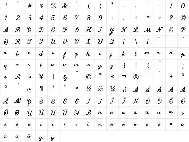 Commercial Script Bold  glyph index