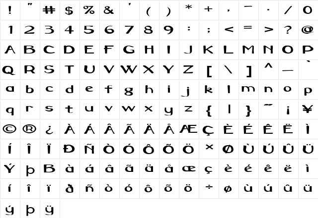 Syras Script Calligraf Quadrata Regular  glyph index