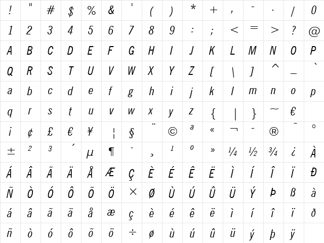NewsGoth Cn BT Italic  glyph index