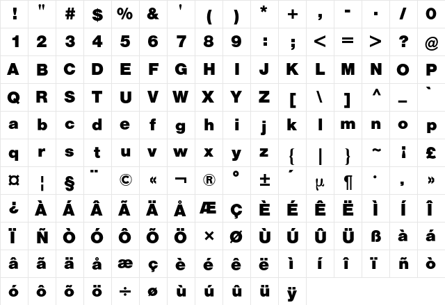 Helvetica BQ Regular  glyph index
