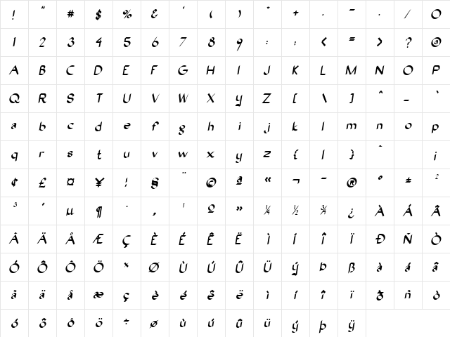 Nival Oblique  glyph index
