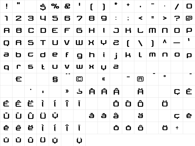 Tektrron Regular  glyph index