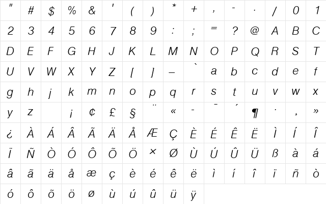 NimbusSanDLigItaRo1 Regular  glyph index