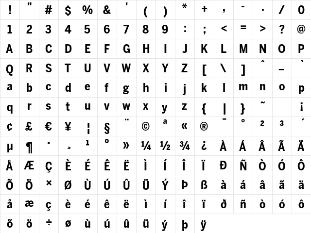 BentonSans Cond Bold Regular  glyph index