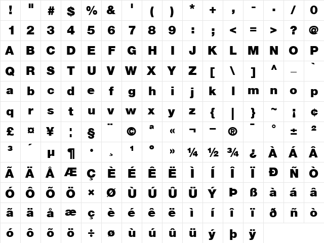 Helvetica Neue Regular  glyph index