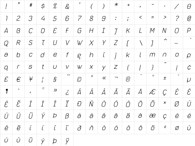 Dispose Light Oblique  glyph index