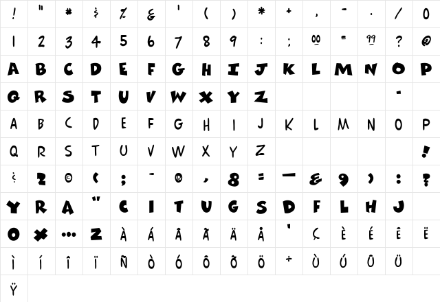 ComicsCarToon Regular  glyph index