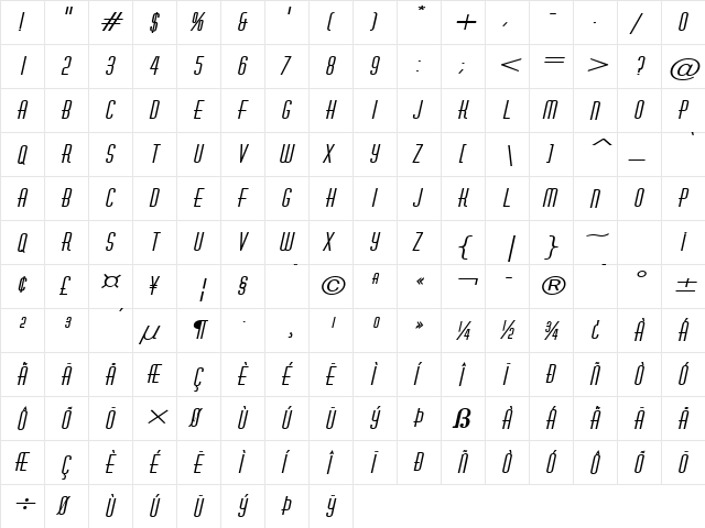Hustle Wide BoldItalic  glyph index