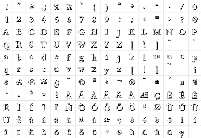 BambergShadow-Medium Regular  glyph index
