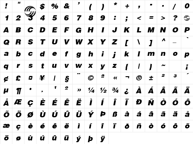 Airbus Special Italic  glyph index