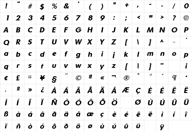 Ornitons Bold Italic  glyph index