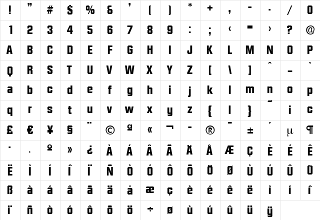 SeanBecker-ExtraBold Regular  glyph index