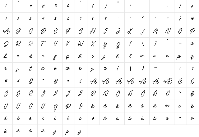 Rush Hour Regular  glyph index
