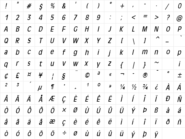 Antiqua 101-Condensed Italic  glyph index
