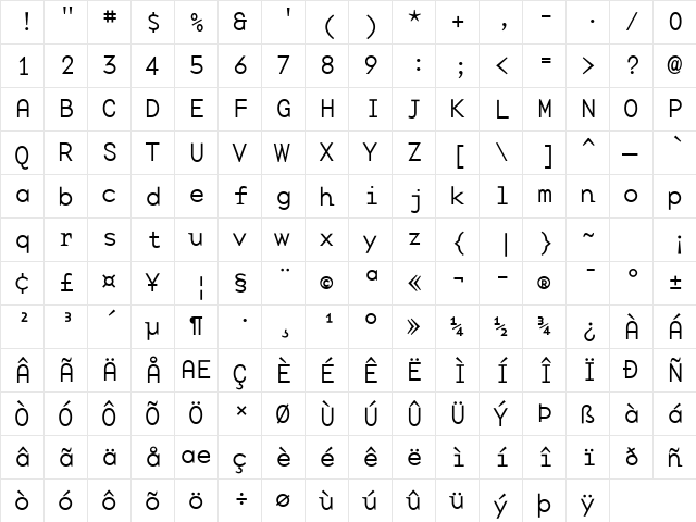 BaseMonoWide-Thin Thin  glyph index