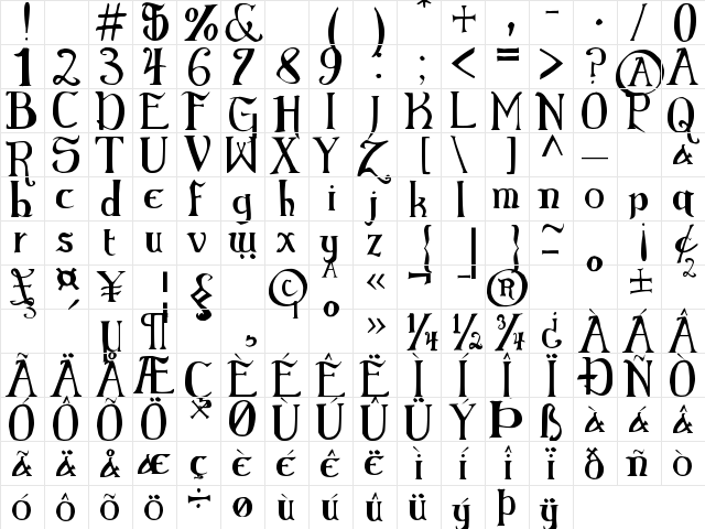 Elementary Gothic Regular  glyph index