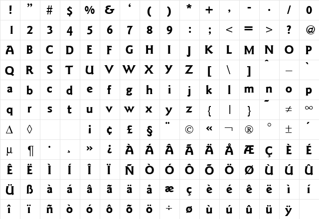 GoudySansTwo Bold  glyph index