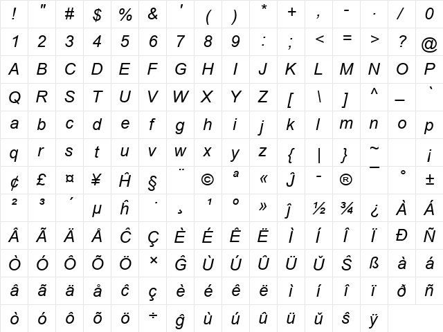 Arial Eo Italic  glyph index